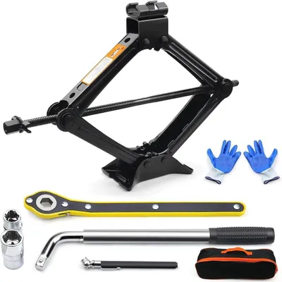 Produktbild von Auto Wagenheber Set - Scherenwagenheber 2 t - Reifenwechsel Werkzeugset - Radmutternschlüssel mit Seilzug - Reifenmontagehebel - Pannenset fürs Auto - Schwarz