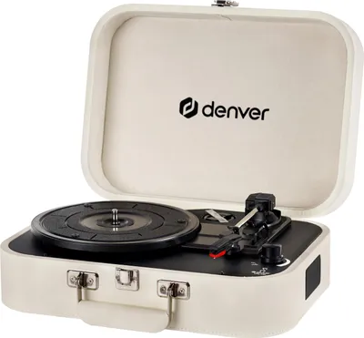 A cream-colored portable record player with the lid open, showing the turntable and tonearm.