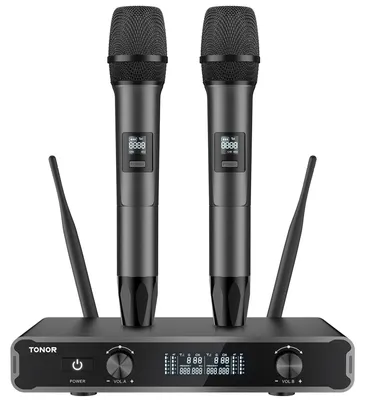 Immagine prodotto di Microfono wireless a due mani - Sistema UHF - Portata di 60 metri - Grigio - Ideale per feste e presentazioni