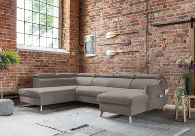 Produktbild von MIUFORM Sweet Harmony - Ecksofa mit Bettfunktion und Bettkasten U-FORM RECHTS - 321x208cm - Velours Dunkelbeige - Sofa Schlafsofa Couch