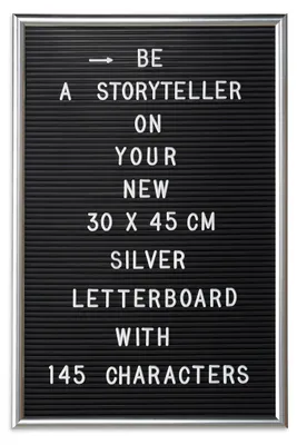 Immagine prodotto di Relaxdays Letterboard, 145 lettere, numeri e caratteri speciali, 45x30 cm, lavagna con lettere da infilare, plastica, argento