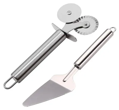 Produktbild von Pizzaschneider - Mit Kuchenspatel - Edelstahl-Pizzaroller mit scharfem Schneiderad - Silber