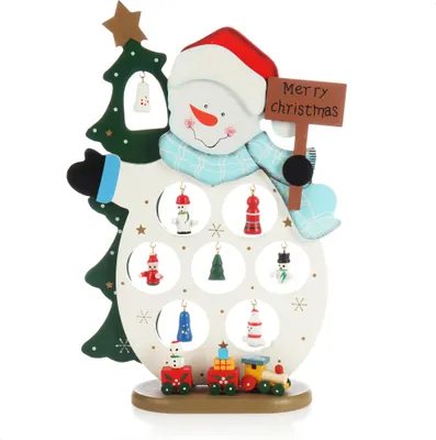 Produktbild von com-four® Mini-Schneemann aus Holz - Zierschmuck - Aufsteller mit vielen Ornamenten zum Aufhängen - künstliche Schneemannfigur für den Schreibtisch