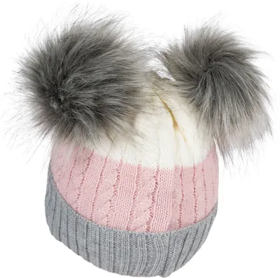 Produktbild von styleBREAKER Kinder Strick Bommelmütze 3-Farbig Gestreift, 2 Kunstfellbommel, Fleece Futter, 2-5 Jahre 04024204
