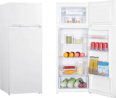 A collage showing a white refrigerator from the outside and inside, fully stocked with food.