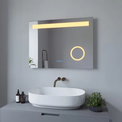 Produktbild von Badspiegel mit Beleuchtung Lichtspiegel Dimmbar Badezimmerspiegel 80x60cm Bad Spiegel Beschlagfrei Energiesparend Kaltweiß Warmweiß Wandspiegel mit Touchschalter