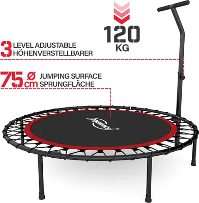 Produktbild von Physionics® Fitness Trampolin - Ø 101cm, höhenverstellbarer Griff, Gummiseil, bis 120kg, klappbar, Schwarz/Rot - Mini-Trampolin, Aerobic Trampolin für Erwachsene und Kinder, Indoor, Jumping, Rebounder