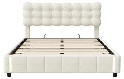 Obrázek produktu pro Postel s úložným prostorem - Čalouněná dvoulůžková postel 140x200 cm - Hydraulický zvedací mechanismus - LED senzorové osvětlení - Samet - Béžová