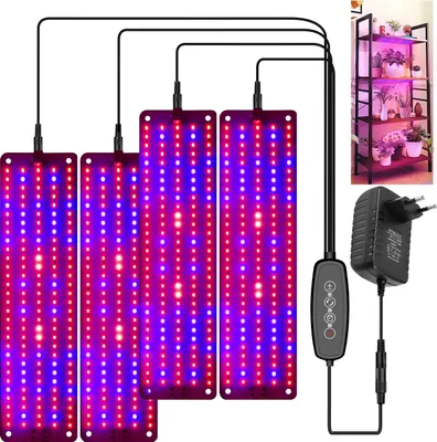 Zdjęcie produktu dla Lampa LED do roślin o pełnym spektrum, lampa LED do uprawy roślin z 600 diodami LED, lampa do uprawy roślin na półce w szklarni (4 panele świetlne, czerwony, niebieski, ciepły biały)