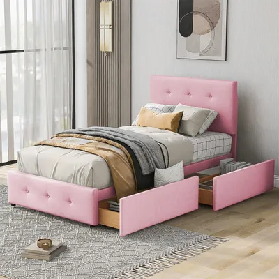 Produktbild von Polsterbett 90 x 200 cm(Rosa)Einzelbett,Kinderbett mit Lattenrost, Rückenlehne und zwei Schubladen hautfreundlicher Samtstoff (ohne Matratze)
