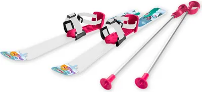 A pair of children's skis and ski poles are displayed on a white background.