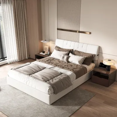 Produktbild von ProximaX Polsterbett 140x200 cm mit USB-Anschluss & Bettkasten, Teddy-Samt, milchig weiß