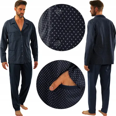 Produktbild von Sesto Senso Herren Schlafanzug Pyjama 100% Baumwolle Knöpfen Langarm + Pyjamahose -Set - ANKER NAVY - XXL