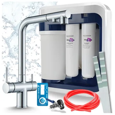 Produktbild von Ari 3-Wege-Küchenarmatur Venom, Chrom, Ausziehbare Spültischarmatur Im Set Mit Aquaphor Ro-202S Pro Wasserfiltersystem, Untertischanlage