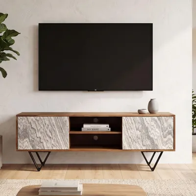 Image de FineBuy Lowboard Sheesham bois massif 150x56x35 cm Commode TV aspect pierre blanche Meuble TV haut Armoire TV moderne deux portes