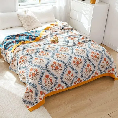 Musselin-Decke 200x230 cm, 100% Baumwolle, Blumenmuster, weich