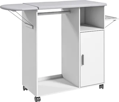 Produktbild von HOMCOM Bügelschrank aus Holz, zusammenklappbares Bügelbrett mit Rollen, Kleiderstange, offenes Regal für Wohnzimmer, Schlafzimmer, 107 x 42,5 x 99 cm, Weiß