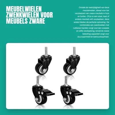 Zdjęcie produktu dla Zestaw 4 kółek meblowych – kółka obrotowe z hamulcem, kółka obrotowe z gwintem, wytrzymałe kółka, gumowe, do mebli