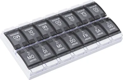 Produktbild von WELLGRO Tablettenbox für 7 Tage - Pillendose je 2 Fächer pro Tag - Klappdeckel mit Druckverschluss - Pillenbox Kunststoff BPA-frei - Farbe wählbar