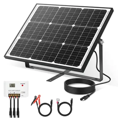Immagine prodotto di Pannello solare monocristallino - Potenza: 50 W - Tensione di uscita: 12 V - Kit completo con regolatore di carica PWM