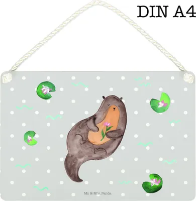 Produktbild von Mr. & Mrs. Panda Schild Otter Seerose DIN A4 - Grau Pastell - Geschenk, Holzschild, Fluss, Wasser, wandtafel, Wandbild Holz, glücklich, Seeotter, Türschild