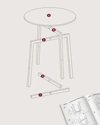 Exploded view diagram of a round table and its components for assembly.