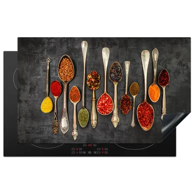 Produktbild von KitchenYeah© Herdabdeckplatte Löffel - Beton - Kräuter - Gewürze , 85x52cm, Küche Deko, Glaskeramikkochfeld Herdabdeckung, Abdeckplatte fùr Kochfeld
