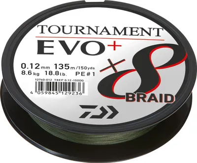 Produktbild von DAIWA Tournament x8 Braid EVO+, 135m, 0,1mm, 6.7kg / 14,77lbs, grün, geflochtene Angelschnur, 12760-010