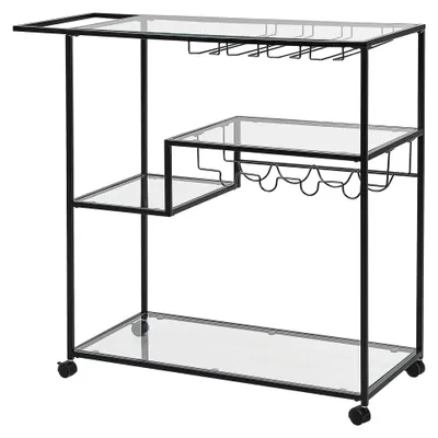 Produktbild von Servierwagen mit Glasplatte in Schwarz, Rollen, Flaschen- und Gläserhaltern