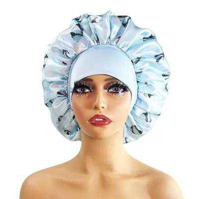 Produktbild von Haarhaube aus Seidensatin, extragroße Schlafhaube aus Satin, bequemer Blumendruck, elastisches Band, hohe Dichte, Damenzöpfe, lockige Nachtmütze, Hellblau