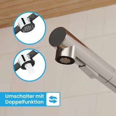Produktbild von Bächlein Küchenarmatur 360 Grad schwenkbar - Farbe: Chrom – Einhand-Spültischbatterie aus Edelstahl mit ausziehbarem Schlauch und Brause