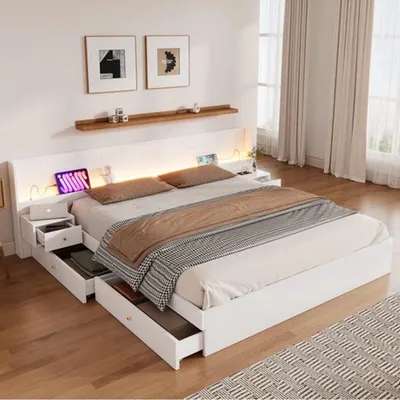 Zdjęcie produktu dla Łóżko dwuosobowe 180x200 cm - drewniane łóżko z oświetleniem LED, portem USB i dwiema szafkami nocnymi