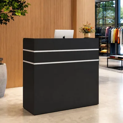 Produktbild von Empfangstheke mit Strauraum an der Rezeption Abschließbare Schubladen und Schränke an der Rezeption Klinik, Salon, Schwarz, MDF, 120 × 48 × 110 cm