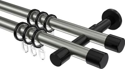 Produktbild von Interdeco Gardinenstange / Vorhangstange Edelstahl-Optik / Schwarz, Typ Prestige Santo (Kappe), 20 mm Ø 2-läufig, 180 cm