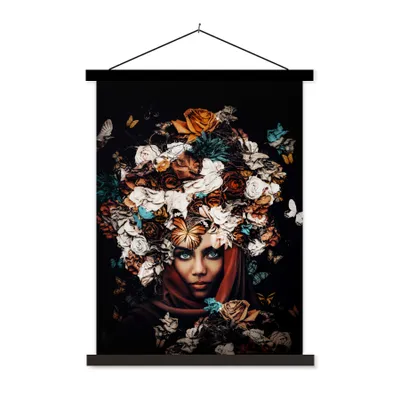 Produktbild von MuchoWow® Textilposter Blumen - Schmetterling - Frauen - Kopftuch 60x80 cm mit schwarzem Rahmen - Plakathalter