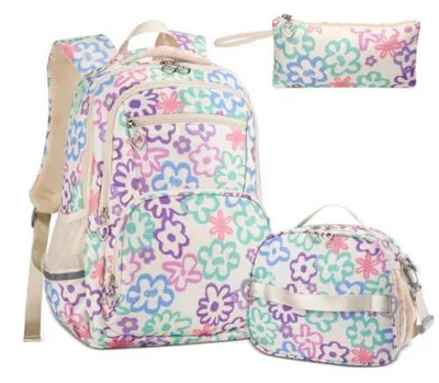 Zdjęcie produktu dla Plecaki szkolne dla dziewczynek, zestaw 3-częściowy, wzór kwiatowy, kolor beżowy, w zestawie lunchbox i piórnik