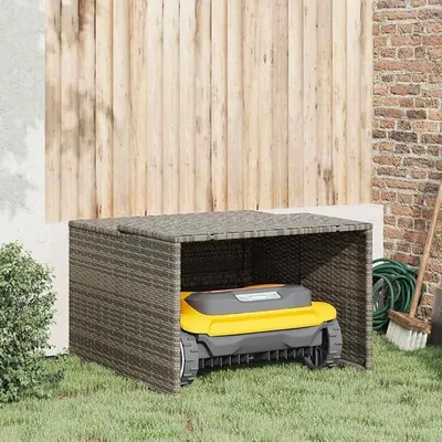 Productafbeelding van Robootmaaier garage van polyrotan, onderdak voor robotmaaiers met schuin dak, beschermingskuil voor robotmaaiers, weerbestendig, grijs, 86x90x52/57 cm