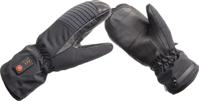 A pair of black heated mittens shown against a white background.