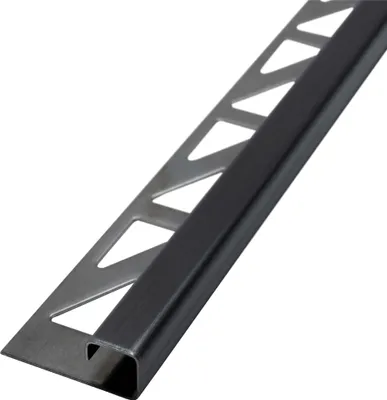 A close-up, angled view of a black metal tile trim profile against a white background.