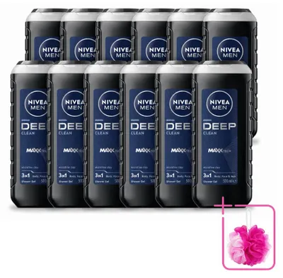 Imagen del producto de 12 unidades de gel de ducha NIVEA MEN Deep Clean 3 en 1 - 500 ml - Paquete ahorro - 12 piezas