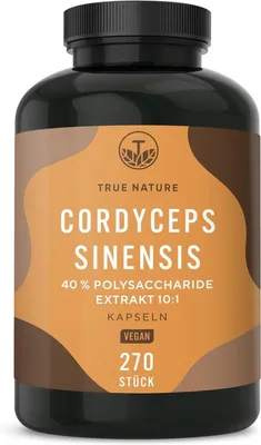A bottle of Cordyceps Sinensis capsules with branding and product information.