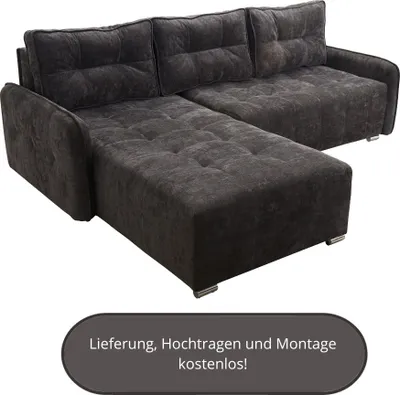 Produktbild von Ecksofa MORIS II mit Schlaffunktion - Ecke wechselbar - L-Form - Bettkasten, 3 Kissen, Dunkelgrau