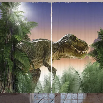 Zdjęcie produktu dla ARANDE Jurajska zasłona, Dinozaur w dżungli Drzewa Las Natura Las Straszny Drapieżnik Przemoc, 280 x 260 cm, Zielony Niebieski Brzoskwiniowy