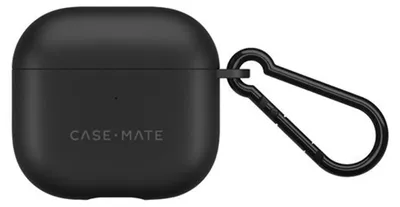 A black protective case for AirPods with a carabiner clip attached.