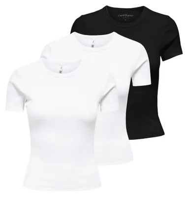 Produktbild von ONLY Damen T-Shirt 3er Pack - ONLVAL LIFE O-NECK TOP, Rundhals, Baumwolle, einfarbig 2xWeiß/Schwarz XL