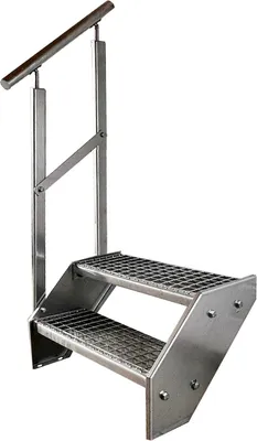 A stainless steel staircase with a handrail.