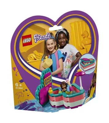 The image shows the packaging of a LEGO Friends playset, featuring two girls and a miniature pool scene.