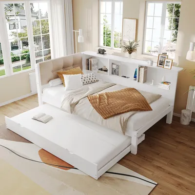 Produktbild von Tagesbett mit Ausziehbett, LED-Beleuchtung & USB, aus Kiefernholz, weiß, 90x200 cm