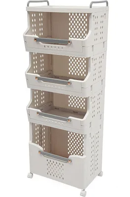 A white, four-tier storage rack with wheels.