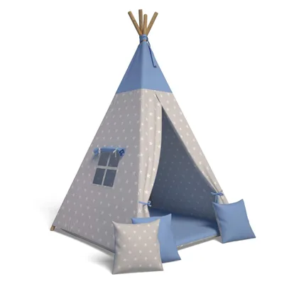 Produktbild von Tipi Zelt für Kinder|Spielzelt Kinder Indoor|Spielzelt mit Weiche Kissen | Langlebig zelt|Kinderfreundlich Tippizelt Indoor (Sterne Blau)